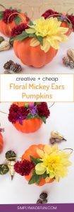 Floral Mickey Ears pumpkin - I hate spending money on pumpkins that mold quickly and make a mess when you carve them. So I'm switching to a simple + cheap version, styrofoam pumpkins from the Dollar Tree, to make my very own Floral Mickey Ears pumpkin!