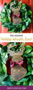 Make the easiest holiday wreath to last through Christmas and beyond! All it takes is a little bit of greenery, wood, and the perfect buffalo plaid ribbon to give your front door a little holiday style.