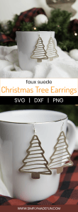 Christmas Tree Earrings - I hate heavy earrings that pull on my ears after a while so I tend not to wear any. Faux suede is a great compromise, it looks stylish and is lightweight so it won't hurt your ears! You can make your own stylish Christmas tree earrings with the free SVG + PNG file on the blog.