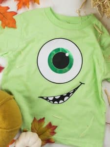 Mike Wazowski from Monsters Inc Halloween costume made with heat transfer vinyl and a Silhouette machine