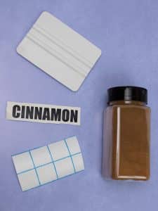 Spice Jar, Adhesive Vinyl, Transfer Tape and Application Tool to put the vinyl decal on the spice jar