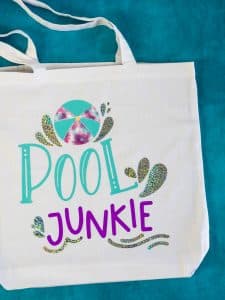 Pool Junkie svg cut file on a beach tote bag